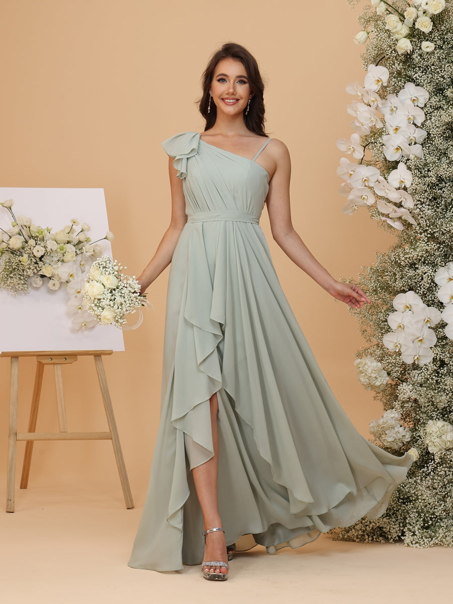 A-Line/Princess Asymmetrical Neck Long Bridesmaid Dresses with Ruffles & Split Side