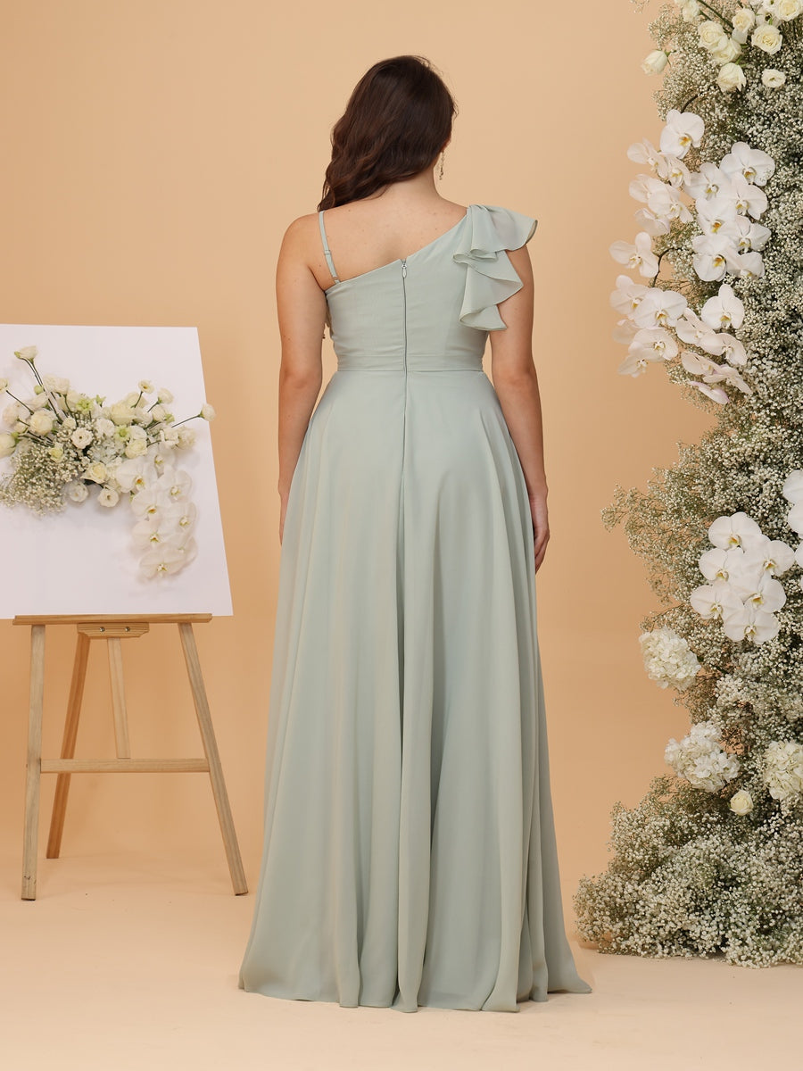 A-Line/Princess Asymmetrical Neck Long Plus Size Bridesmaid Dresses with Ruffles & Split Side