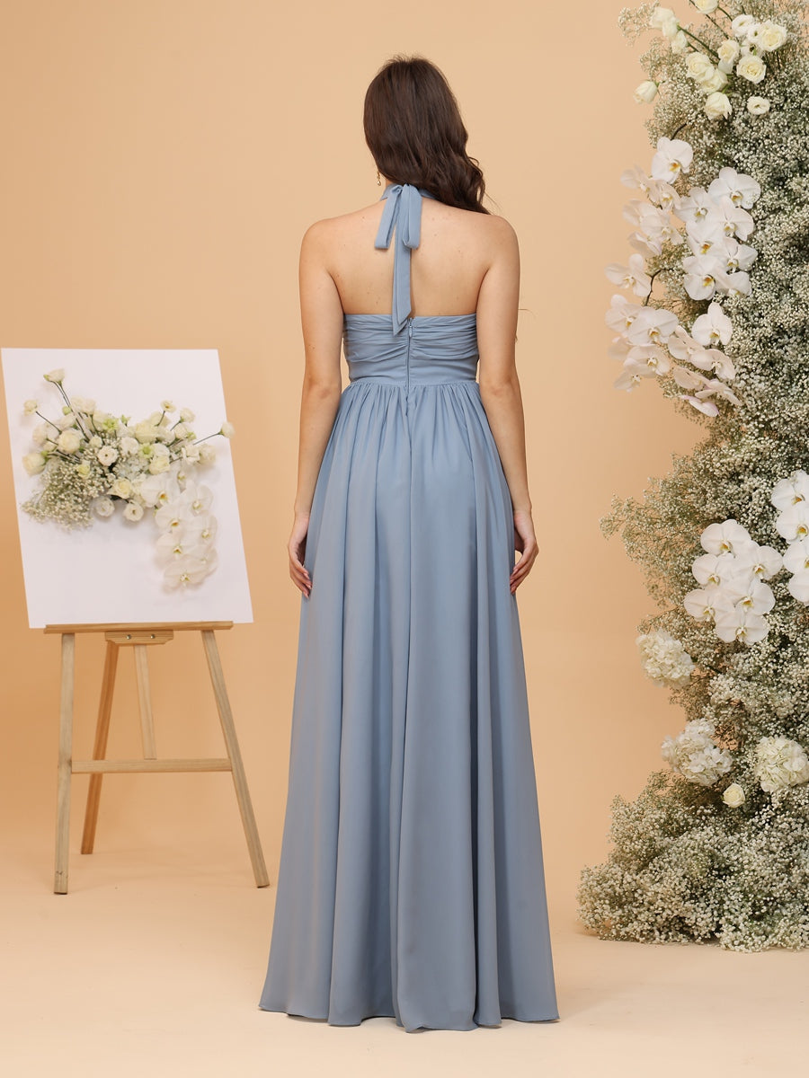 A-Line/Princess Halter Sleeveless Ruched Bridesmaid Dresses with Ruffles & Belt