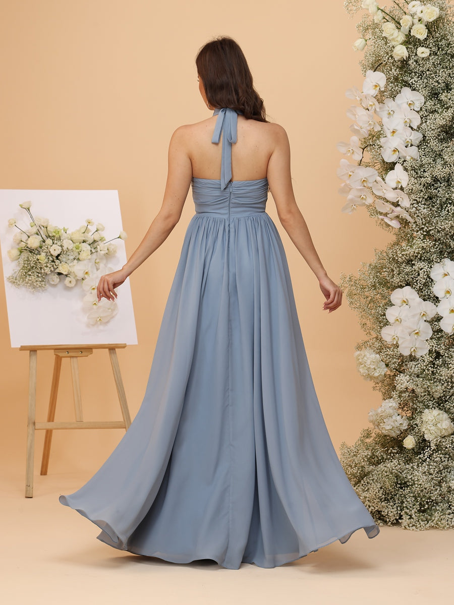 A-Line/Princess Halter Sleeveless Ruched Bridesmaid Dresses with Ruffles & Belt