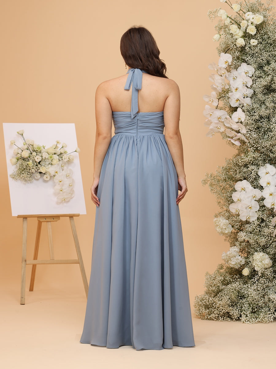 A-Line/Princess Halter Sleeveless Ruched Plus Size Bridesmaid Dresses with Ruffles & Belt