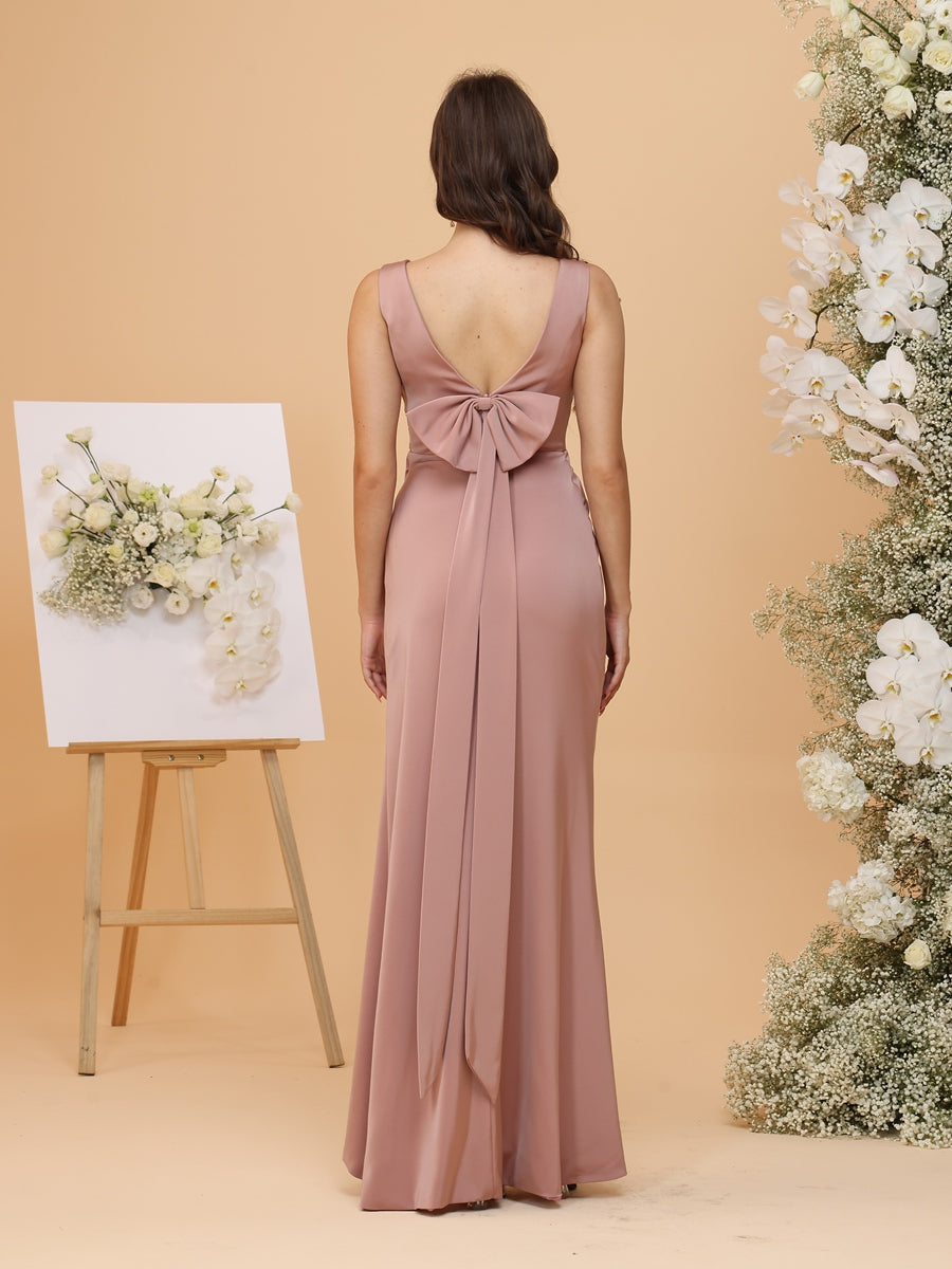 Sheath/Column V-Neck Ruched Asymmetrical Bridesmaid Dresses with Bowknot
