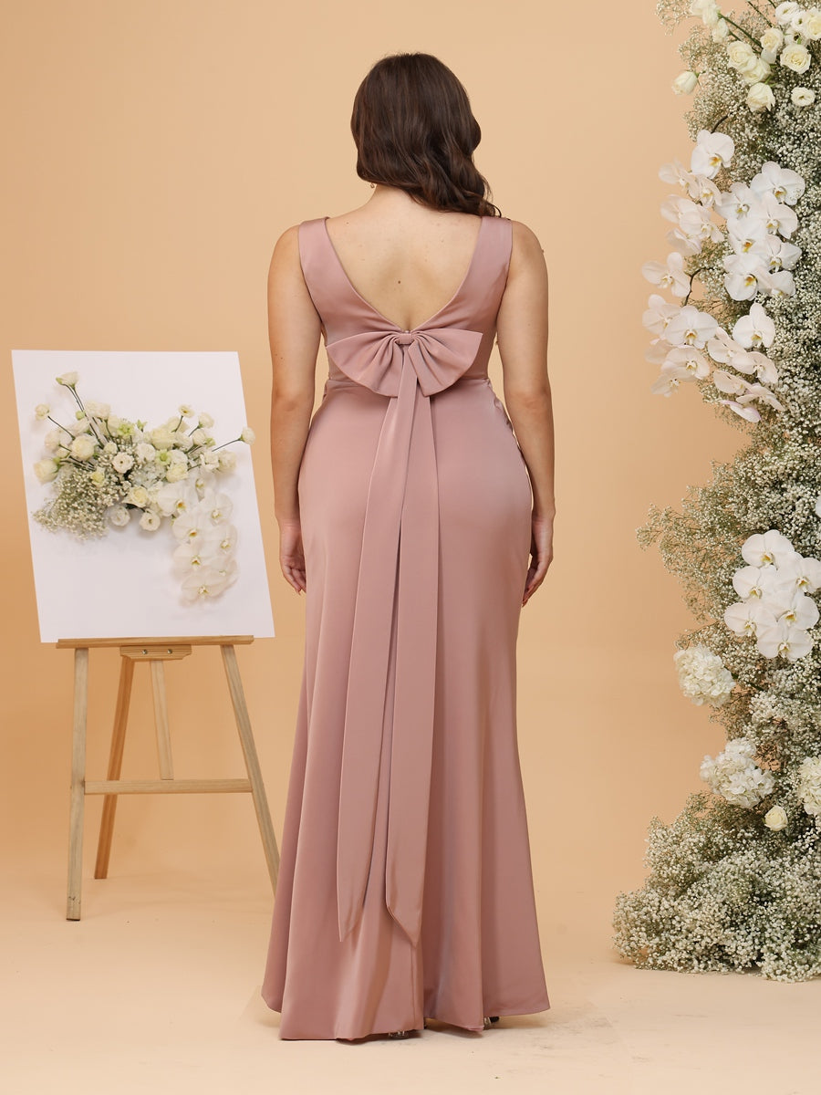 Sheath/Column V-Neck Ruched Asymmetrical Plus Size Bridesmaid Dresses with Bowknot