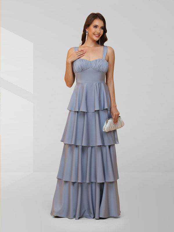 A-Line/Princess Sweetheart Floor-Length Evening Dresses with Tiered Ruffles & Bows