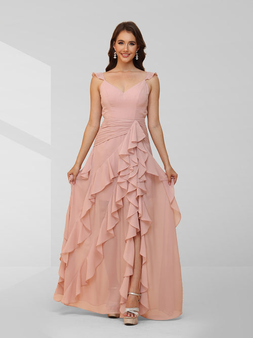 A Line Sleeveless Ruched Floor-Length Formal Dresses with Ruffles & Split Side
