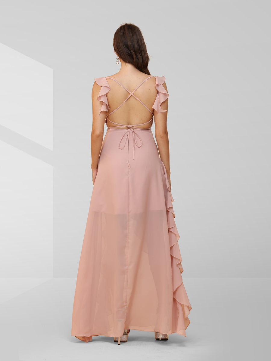 A Line Sleeveless Ruched Floor-Length Evening Dresses with Ruffles & Split Side