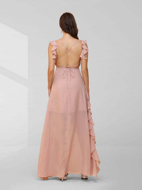 A Line Sleeveless Ruched Floor-Length Formal Dresses with Ruffles & Split Side