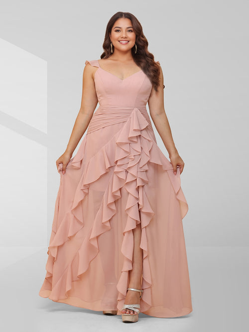 A Line Sleeveless Ruched Floor-Length Plus Size Evening Dresses with Ruffles & Split Side