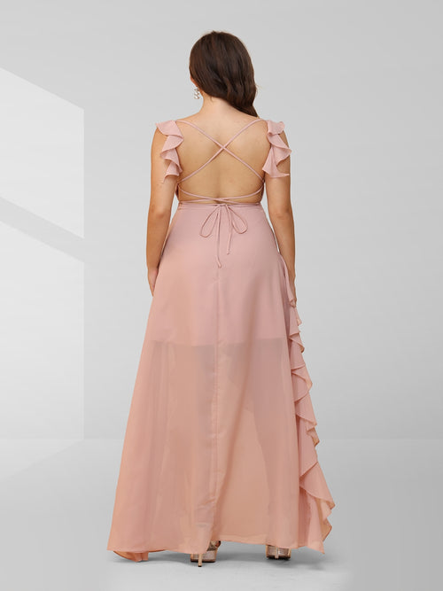 A Line Sleeveless Ruched Floor-Length Plus Size Evening Dresses with Ruffles & Split Side