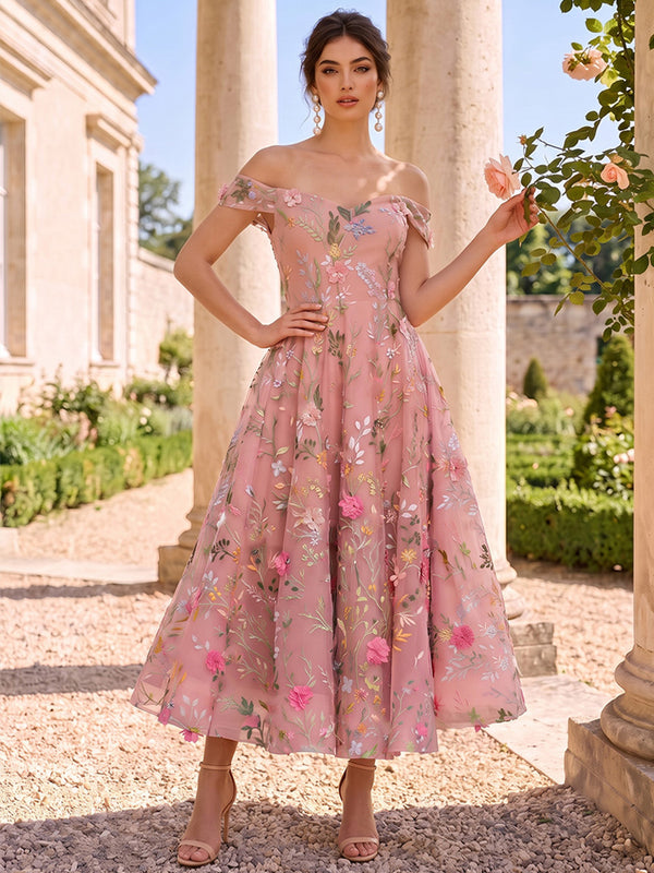 A-Line/Princess Cocktail Dresses Formal Dresses Off-the-Shoulder Sleeveless Tea-Length Tulle Dresses Floral Dresses With 3D Flowers/Pleats/Back Zipper