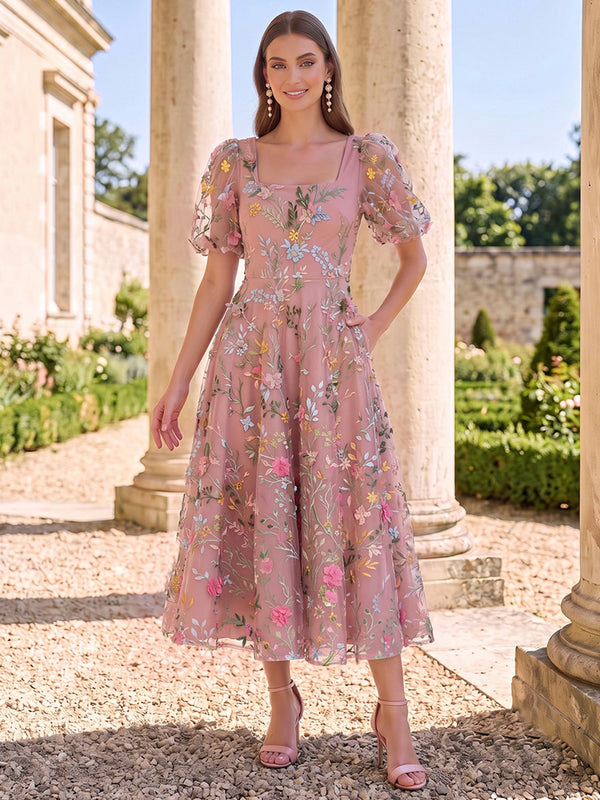 A-Line/Princess Cocktail Dresses Formal Dresses Square Neck Short Sleeves Tea-Length Tulle Dresses With 3D Flowers/Pleats/Back Zipper