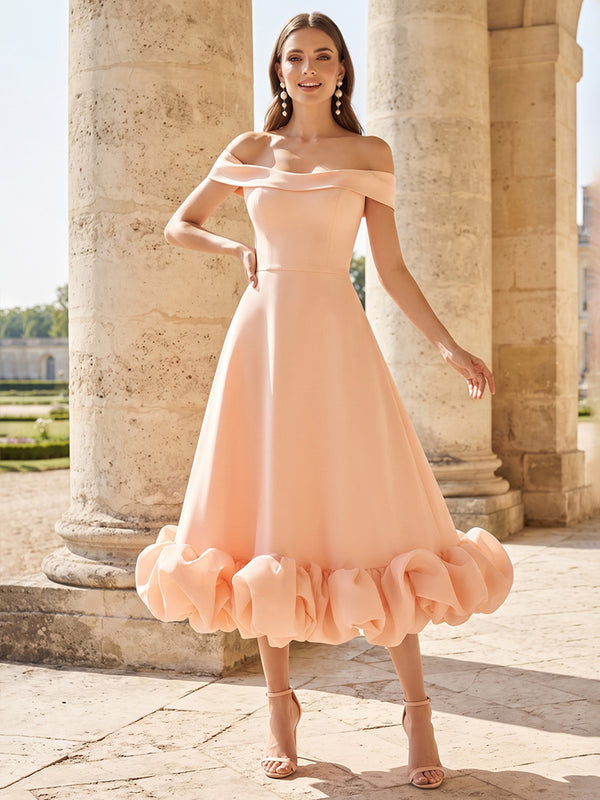 A-Line/Princess Cocktail Dresses Satin Dresses Off-the-Shoulder Sleeveless Tea-Length With Pleats/Back Zipper