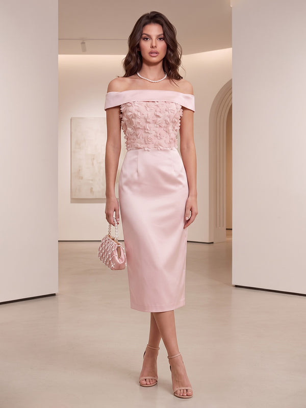 Sheath/Column Cocktail Dresses Off-the-Shoulder Sleeveless Tea-Length 3D Flowers Satin Dresses With Back Zipper