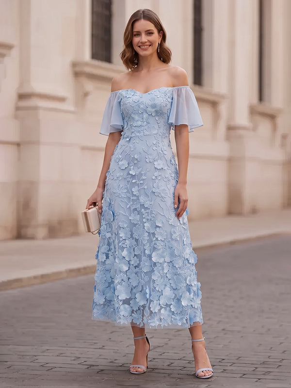 A-Line/Princess Cocktail Dresses Floral Dresses Off-the-Shoulder Short Sleeves Tea-Length Wedding Guest Dresses With 3D Flower/Back Zipper