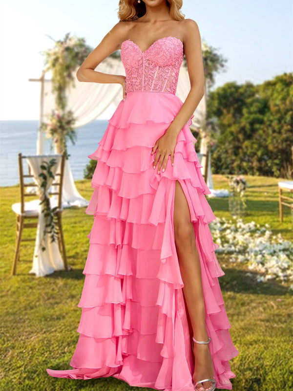 A-Line/Princess Strapless Long Prom Dresses with Sequins Evening Party Dresses & Split Side