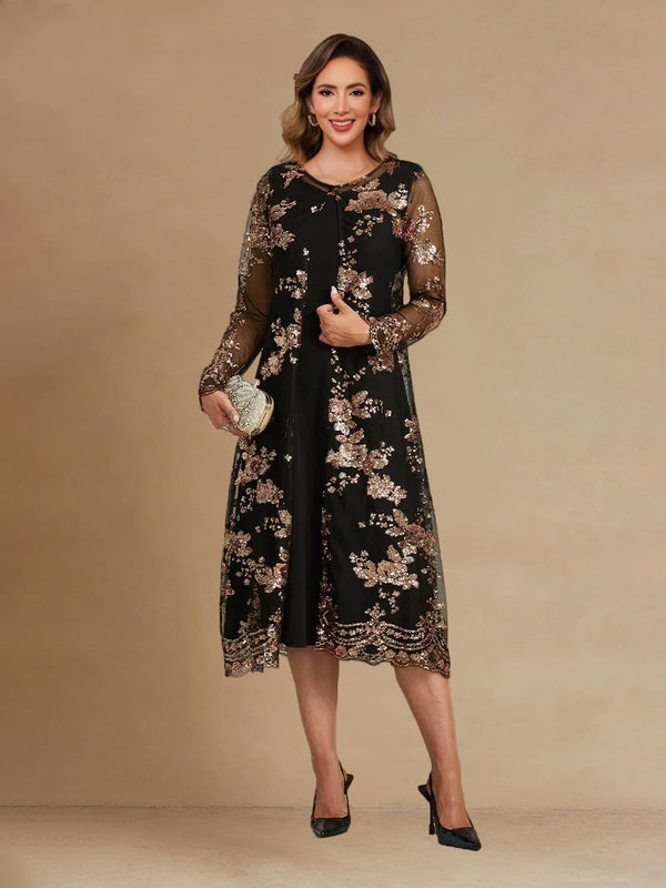 2 Pieces A-Line/Princess Mother of the Bride Dresses Scoop Neck Long Sleeves Tea-Length Satin Formal Dresses With Appliques&Lace Jacket