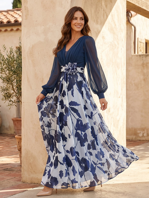 A-Line/Princess Mother of the Bride Dresses Floral V-Neck Long Sleeves Floor-Length With Flower