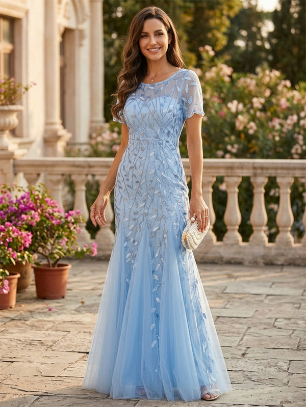 Sheath/Column Mother of the Bride Dresses Formal Dresses Scoop Neck Short Sleeves Floor-Length With Pleats&Appliques Lace