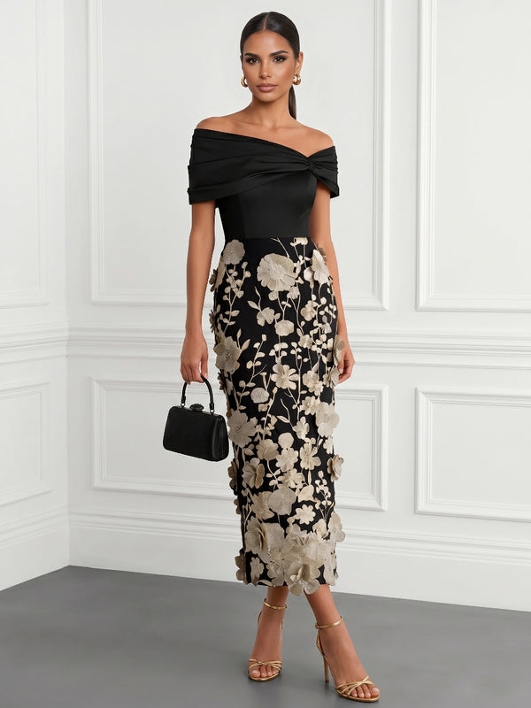 Sheath/Column Cocktail Dresses Satin One-Shoulder Sleeveless Tea-Length Wedding Guest Dresses With Floral Appliques/Back Zipper
