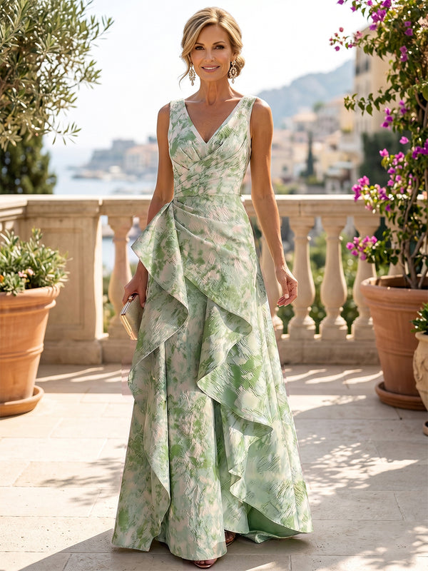 A-Line/Princess Mother Of The Bride Dresses Floral Dresses V-Neck Sleeveless Floor-Length Jacquard Dresses With Ruffles/Back Zipper