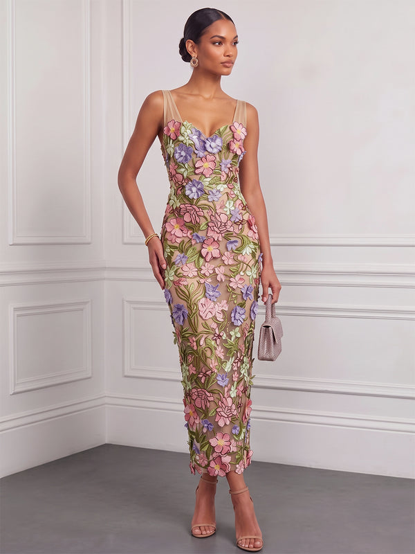 Sheath/Column Cocktail Dresses Floral Dresses Sweetheart Sleeveless Tea-Length Wedding Guest Dresses Embroidery Dresses With Floral/Back Zipper/Split