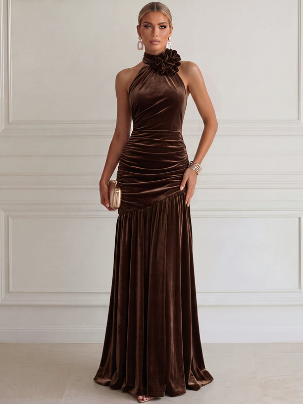 Sheath/Column Evening Dresses Velvet Flower Halter Sleeveless Floor-Length Dresses with Pleats/Back Zipper