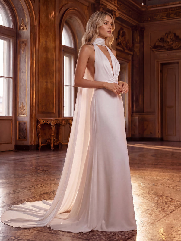 Sheath/Column Wedding Dresses V-Neck Sleeveless Sweep Train Satin Dresses With Halter/Back Zipper