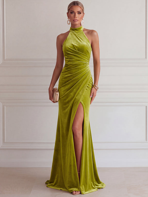 Sheath/Column Evening Dresses Velvet Halter Sleeveless Floor-Length Dresses with Split/Pleats/Back Zipper