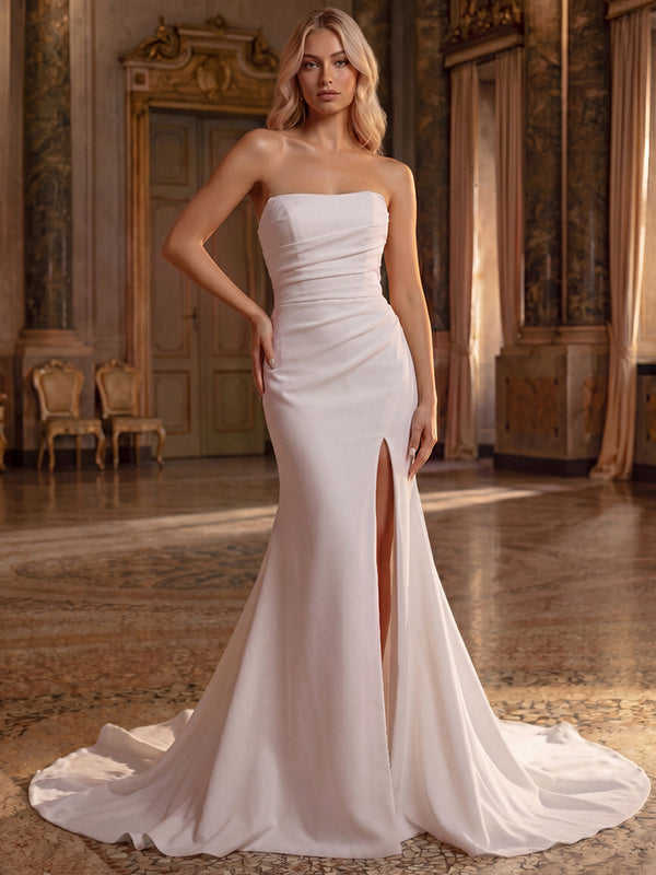 Trumpet/Mermaid Wedding Dresses Strapless Sleeveless Sweep Train Satin Dresses With Pleats/Front Split/Back Zipper