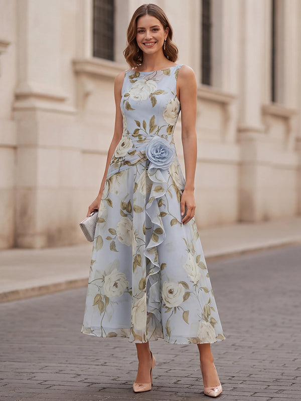 A-Line/Princess Cocktail Dresses Chiffon Scoop Neck Sleeveless Tea-Length Floral Printed Dresses With 3D Flower/Back Zipper