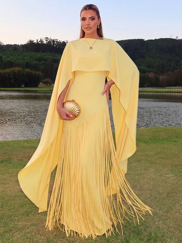 Sheath/Column Evening Dresses Scoop Neck Long Sleeves Floor-Length Stretch Crepe Wedding Guest Dresses with Tassel/Back Zipper