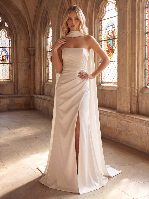 Sheath/Column Wedding Dresses Strapless Sleeveless Sweep Train Satin Dresses With Pleats/Front Split/Halter/Back Zipper
