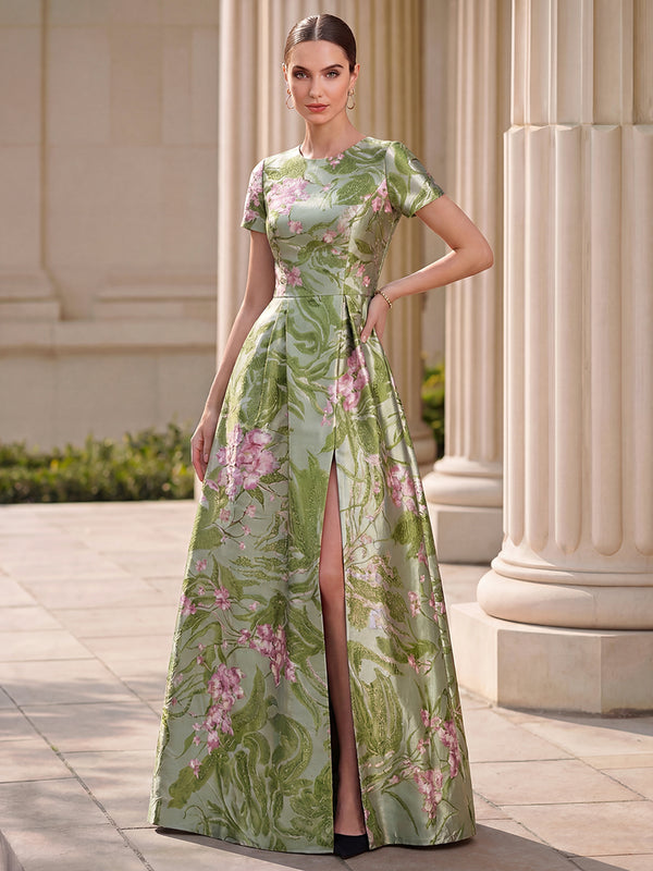 A-Line/Princess Mother of the Bride Dresses/Floral Printed Dresses Scoop Neck Short Sleeves Floor-Length Elegant Satin Formal Dresses With Back Zipper/Pleats/Front Split