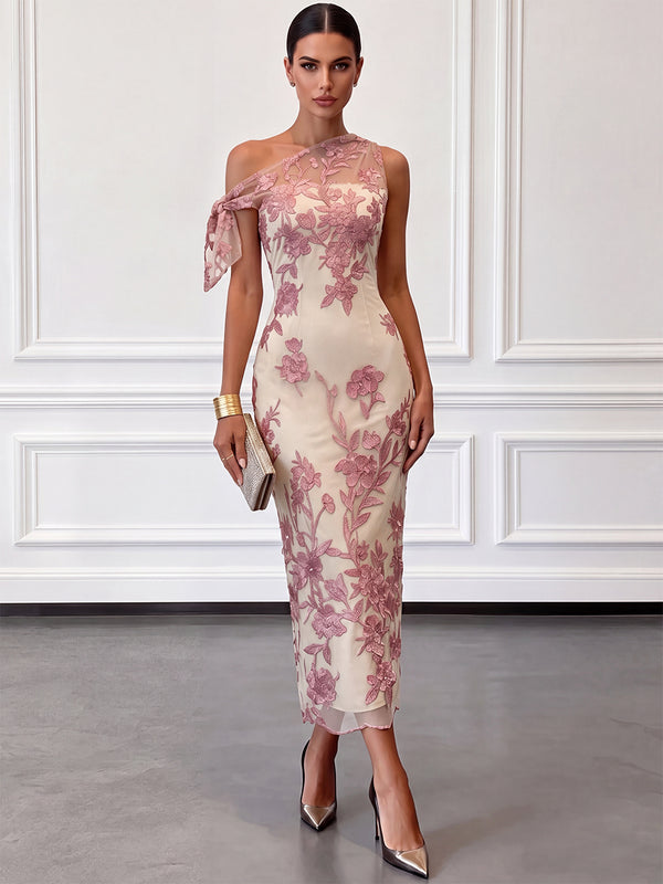Sheath/Column Cocktail Dresses Floral Dresses One-Shoulder Sleeveless Tea-Length Wedding Guest Dresses Embroidery Dresses With Floral/Back Zipper