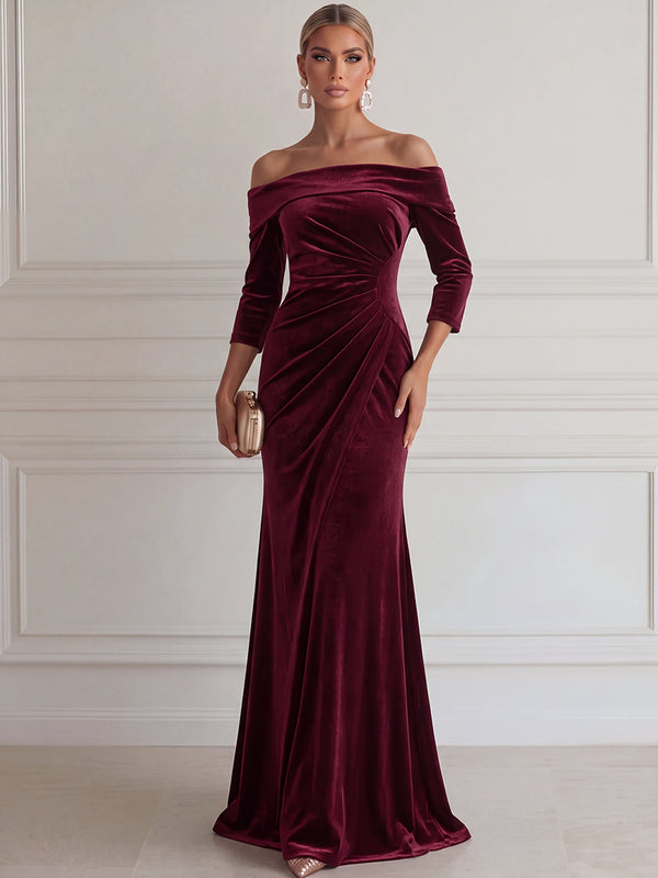 Sheath/Column Evening Dresses Velvet Off-the-Shoulder 3/4 Sleeves Floor-Length Dresses with Pleats/Back Zipper