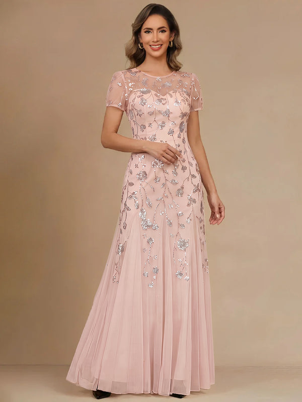 A-Line/Princess Mother Of The Bride Dresses Scoop Neck Short Sleeves Ankle-Length Tulle Formal Dresses With Sequin/Pleats
