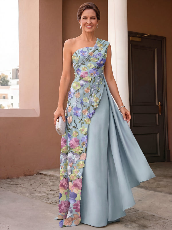 A-Line/Princess Mother Of The Bride Dresses One-Shoulder Sleeveless Floor-Length Jacquard Dresses Satin With Floral Back Zipper