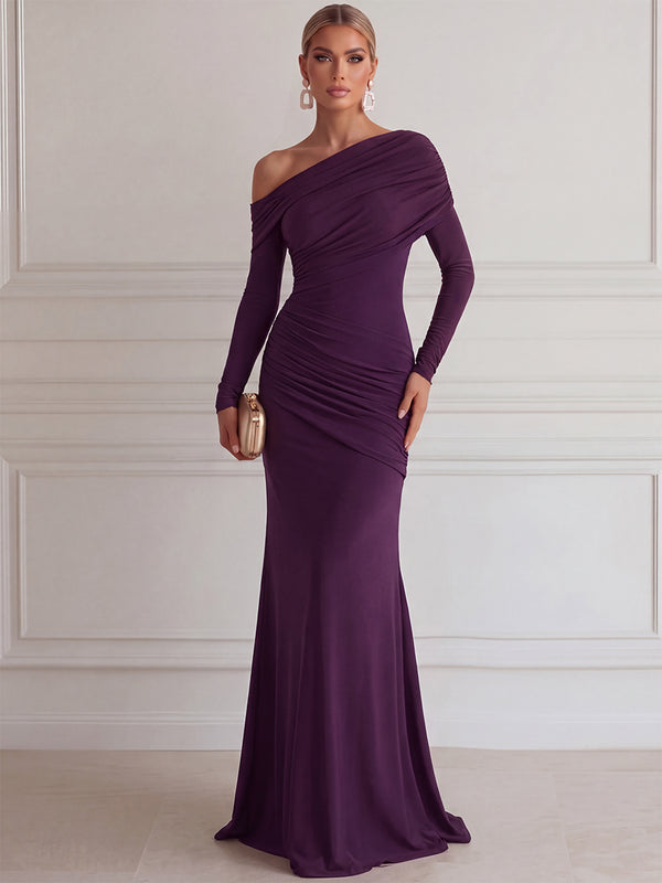 Sheath/Column Evening Dresses Stretch Crepe One Shoulder Long Sleeves Floor-Length Dresses with Pleats/Back Zipper