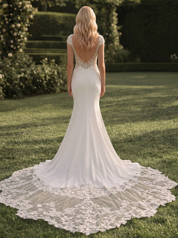Trumpet/Mermaid Wedding Dresses Illusion Neck Short Sleeves Watteau Train Tulle Elastic Satin Dresses With Lace/Floral/Back Zipper