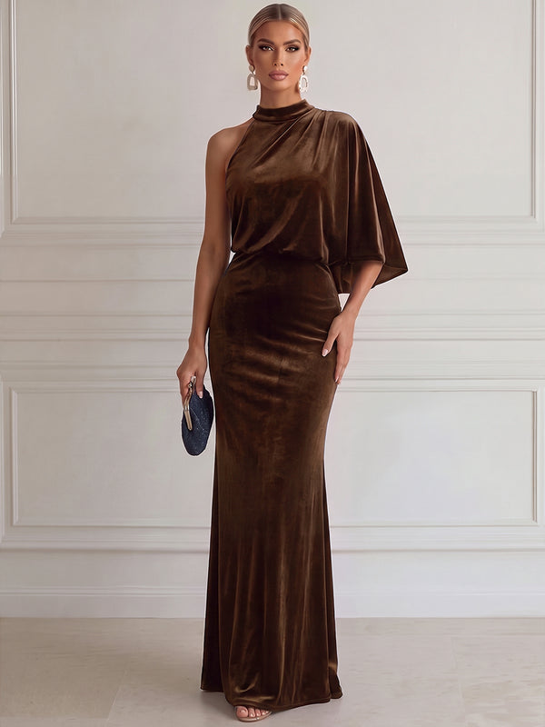 Sheath/Column Evening Dresses Elegant High Neck 3/4 Sleeves Floor-Length Velvet Dresses with Pleats/Back Zipper