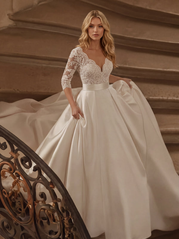 A-Line/Princess Wedding Dresses V-Neck 3/4 Sleeves Court Train Satin Dresses With Lace/Pleats/Back Zipper