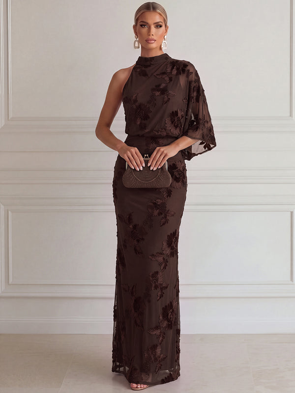 Sheath/Column Evening Dresses High Neck 3/4 Sleeves Floor-Length Floral Printed Dresses with Pleats/Back Zipper