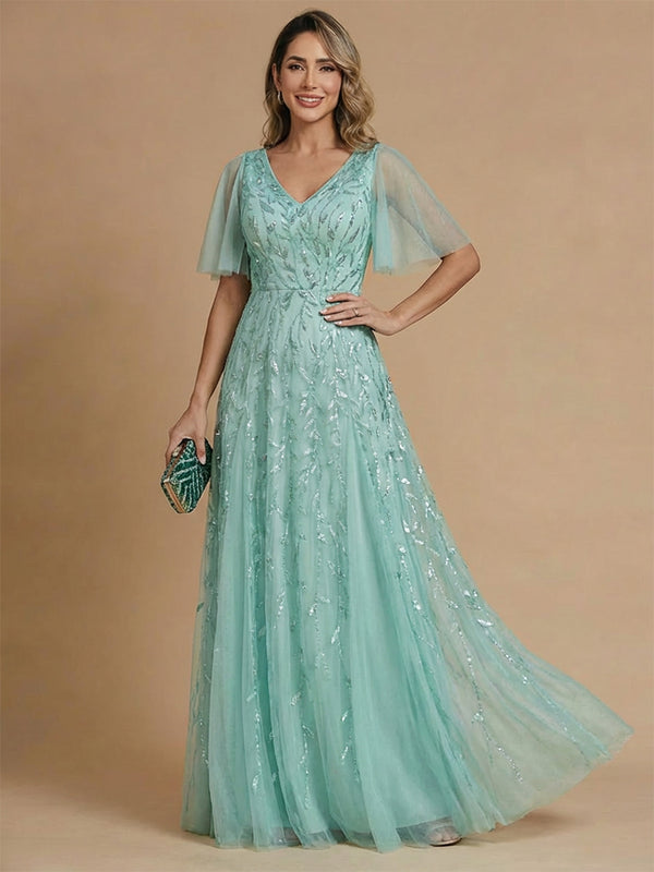 A-Line/Princess Mother of the Bride Dresses Formal Dresses V-Neck Short Sleeves Floor-Length Tulle Dresses With Pleats&Back Zipper