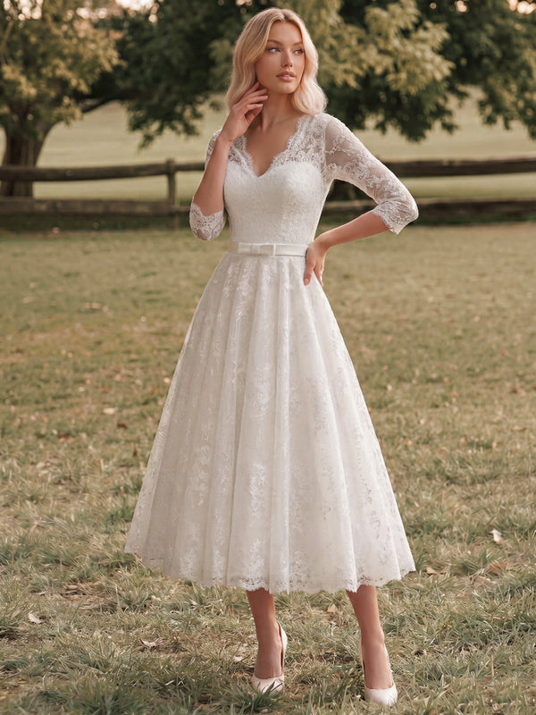 A-Line/Princess Wedding Dresses V-Neck 3/4 Sleeves Tea Length Tulle Dresses With Lace/Bow/Pleats/Back Zipper