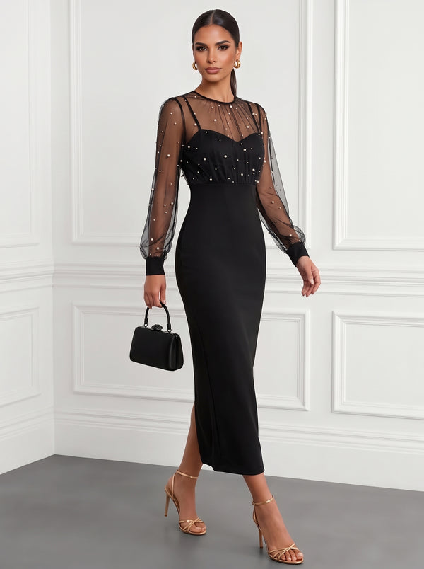 Sheath/Column Cocktail Dresses Stretch Crepe Scoop Neck Long Sleeves Tea-Length Formal Dresses With Pearl/Tulle/Back Zipper