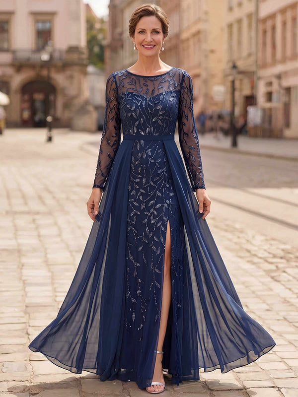 A-Line/Princess Mother of the Bride Dresses Formal Dresses Scoop Neck Long Sleeves Floor-Length Chiffon Dresses With Pleats&Back Zipper