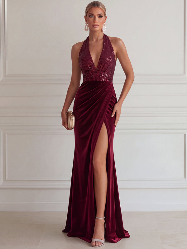 Sheath/Column Evening Dresses Velvet Sequin Halter Sleeveless Floor-Length Dresses with Pleats/Split/Back Zipper