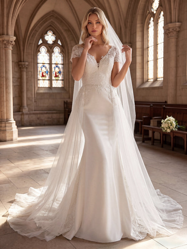 Trumpet/Mermaid Wedding Dresses V-Neck Short Sleeves Watteau Train Tulle Satin Dresses With Lace/Back Zipper