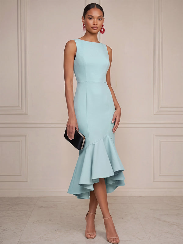 Trumpet/Mermaid Cocktail Dresses Stretch Crepe Scoop Neck Sleeveless Tea-Length Dresses With Ruffles/Back Zipper
