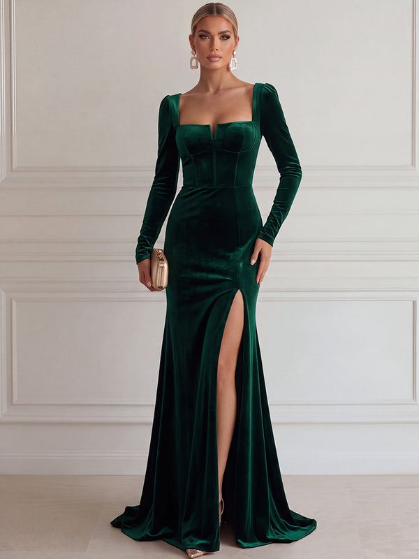 Sheath/Column Evening Dresses Velvet Square Neck Long Sleeves Floor-Length Dresses with Corset/Split Front/Back Zipper